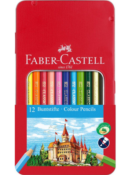 Trīsstūrveida krāsainie zīmuļi Faber Castell Classic, 12 krāsas, metāla kastē