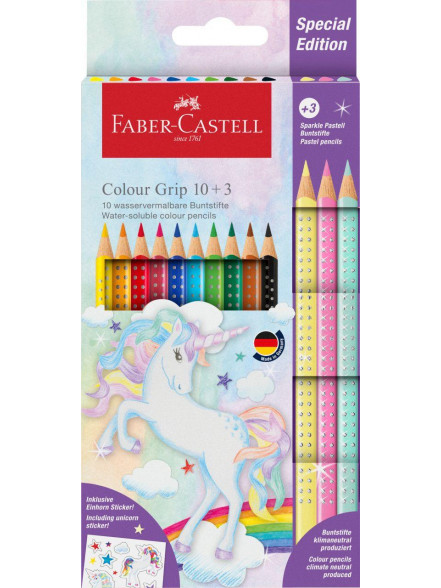 Trīsstūrveida akvareļu zīmuļi Faber-Castell Colour Grip Unicom 10+3 krāsas